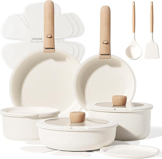 CAROTE 17pcs Pots and Pans Non Stick, Cookware Sets Detachable Handle, Induction Kitchen Pots and Pans,NonStick Cooking Set, Oven/Dishwasher/Fridge Safe, Space Saving