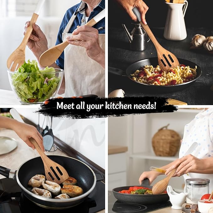 INTAJ Wood Kitchen Utensil Set – Handmade Wooden Spoons & Spatula for Cooking and Serving 5-Piece Acacia – Durable, Smooth Surface & Gentle on Cookware – Easy to Clean Kitchen Tools