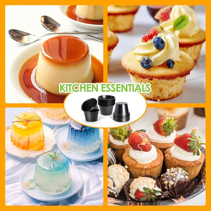 Popover Pans 4 Packs, Carbon Steel Pudding Cup Individual Muffin Cupcake Pan,Nonstick Large Round Oven Baking Egg Tart Molds for Cake with Oil & Dish Brush,Black(3.5"x2.2")