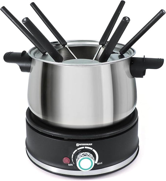 Swissmar Arolla 10 Pieces Stainless Steel Electric Fondue Set - Perfect Fondue Pot Electric Set for Cheese, Caramel, Chocolate, Oil, Broth & More - Gift Ideas for Wedding, House Warming, 2.1 Qt / 2L