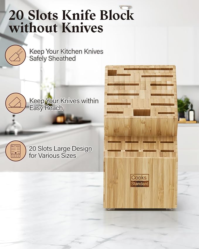 Cooks Standard Bamboo Knife Storage Block without Knives, 20 Slot Universal Knife Holder Countertop Butcher Block Knife Stand for Easy Kitchen Storage