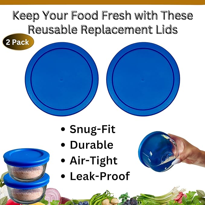 rivel Klareware 4 Cup Blue Round Plastic Food Storage Replacement Lids Covers for Klareware Anchor Hocking and Pyrex Glass Bowls (Container not Included) (2 Pack)