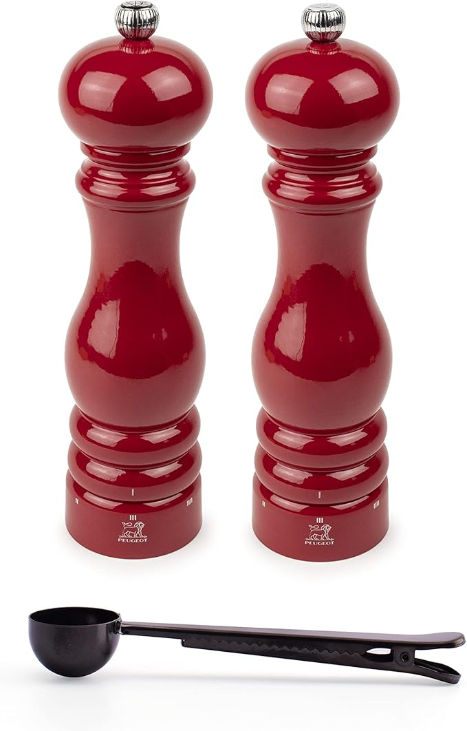 Peugeot Paris u'Select 6 Setting Manual Salt & Pepper Mill Set With Black Stainless Steel Spice Scoop Made In France (Passion Red, 9- Inch)
