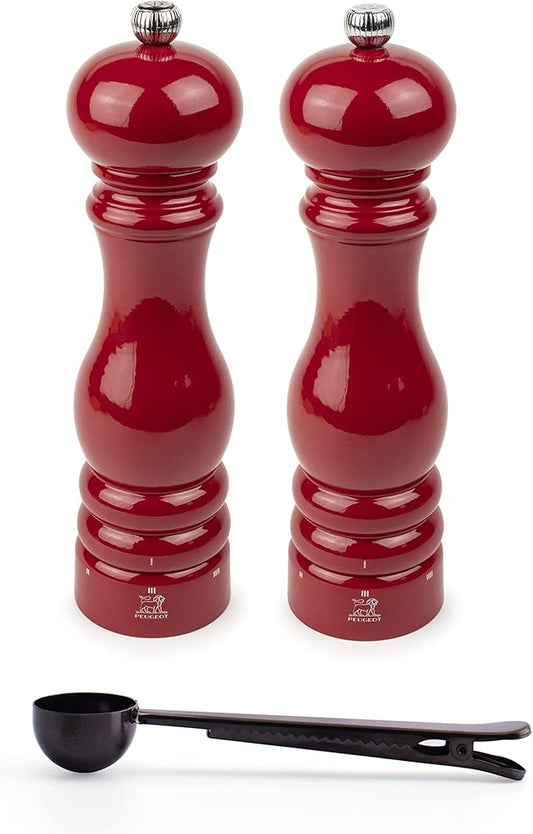 Peugeot Paris u'Select 6 Setting Manual Salt & Pepper Mill Set With Black Stainless Steel Spice Scoop Made In France (Passion Red, 9- Inch)