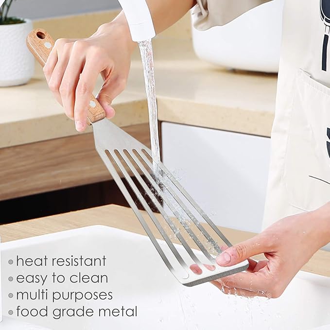 Fish Spatula Set of 2, HaSteeL Stainless Steel Slotted Spatula Turner with Riveted Wooden Handle, Professional Metal Spatulas Great for Kitchen Cooking Flipping Frying & Grilling, 2 x Hooks
