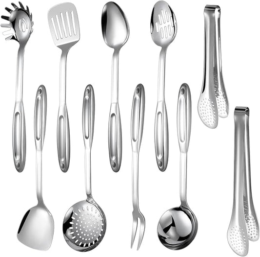 304 Stainless Steel Kitchen Utensils Set, 10 Pcs Stainless Steel Cooking Utensils Set, Heat Resistant Metal Kitchen Tools Spatulas Set, Spatulas, Spoons, Ladle, Meat Fork and Skimmer