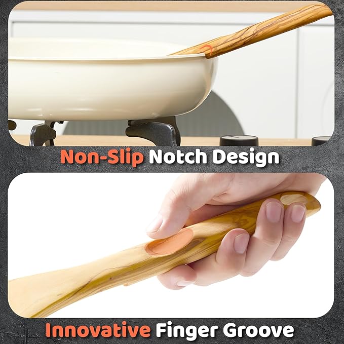 Olive Wood Cooking Utensils Set, 5 PCS Wooden Spoons for Cooking Includes Stainless/Wood Tong, Natural Non-Stick Wooden Utensils Set with Innovative Finger Groove & Non-Slip Notch Design