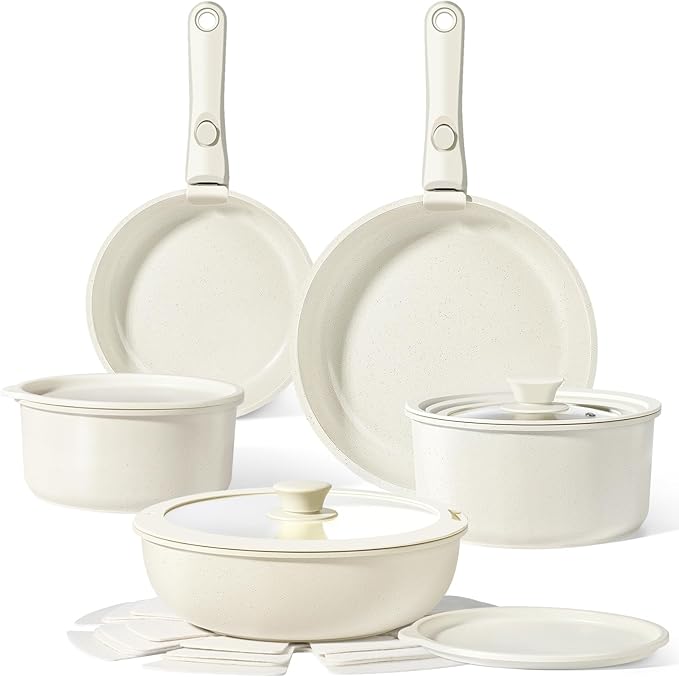 GiPP Ceramic Pots and Pans Set Non Stick, Nonstick Detachable Handle Cookware Sets, Healthy Non Toxic PFAS PFOA & PTFE Free, Dishwasher &Oven Safe, Induction Kitchen Pot and Pan, 15 Piece Cream