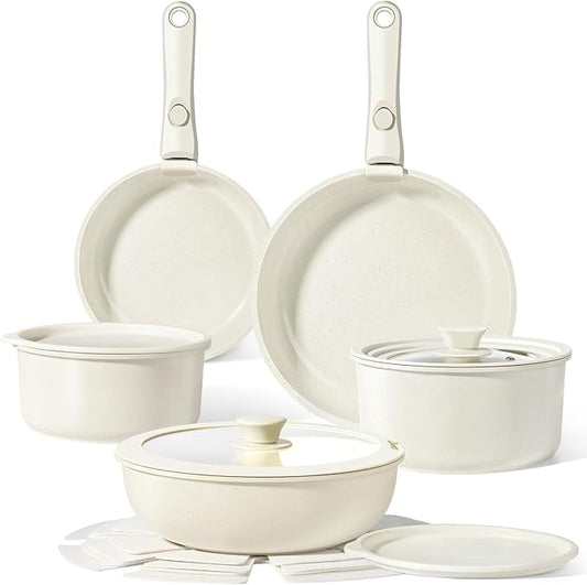 GiPP Ceramic Pots and Pans Set Non Stick, Nonstick Detachable Handle Cookware Sets, Healthy Non Toxic PFAS PFOA & PTFE Free, Dishwasher &Oven Safe, Induction Kitchen Pot and Pan, 15 Piece Cream