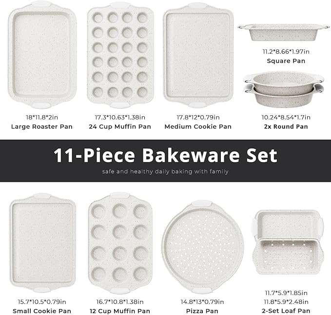 11-Piece Kitchen Nonstick Stackable Bakeware Set, Non Toxic Bakeware Sets with Silicone Handles, Includes Cookie Sheets, Cake Pan, Loaf Pan, Pizza Pan, Muffin Pan, White