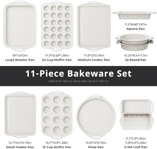 11-Piece Kitchen Nonstick Stackable Bakeware Set, Non Toxic Bakeware Sets with Silicone Handles, Includes Cookie Sheets, Cake Pan, Loaf Pan, Pizza Pan, Muffin Pan, White