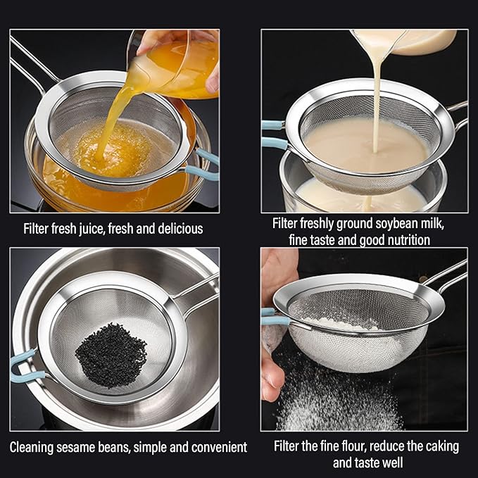 60 Mesh Fine Colander, Strainer Stainless Steel Handheld Flour Colander with Long Handle, Handheld Flour Sifter for Kitchen(14cm)