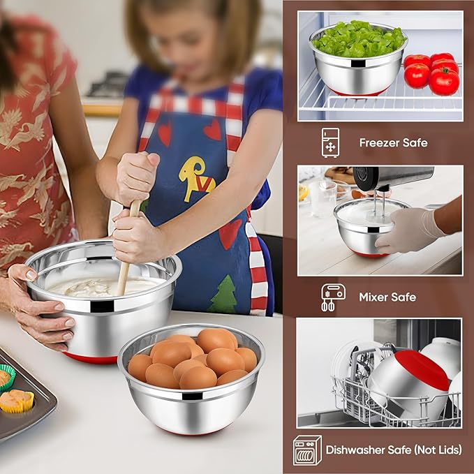 TeamFar Mixing Bowls with Lids Set, 7/3.5/2.5/1.5/1 QT, Stainless Steel Large Red Nesting Metal Salad Mixing Bowl Set of 5, Healthy & Easy Clean, Airtight Lid & Non-slip Bottom