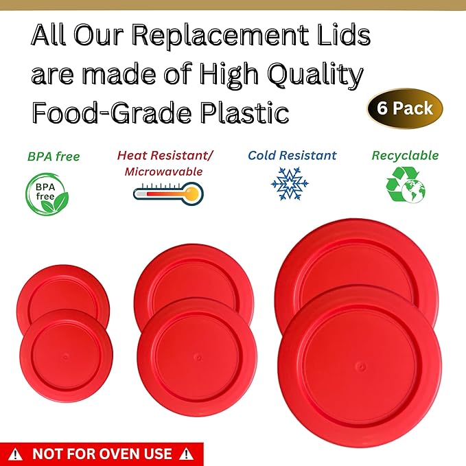 1, 2 & 4 Cup Red Replacement Lids/Covers for Pyrex, Anchor Hocking & KlareWare Storage Bowls *Lids Only Glass Container Not Included* (6 Pack *Two of Each Size*)