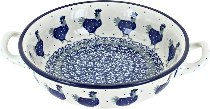 Blue Rose Polish Pottery - Blue Barnyard Rooster Mini Casserole with Handles - 6.75" Diameter - Unique, Dishwasher Safe, & Durable Bakeware