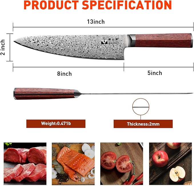 Damascus Chef Knife VG-10 Steel 67-Layer Damascus Professional 8-inch Kitchen Knife Full Tang Ergonomic Natural Wood handle,Razor Sharp Cooking Knife with Exquisite Box