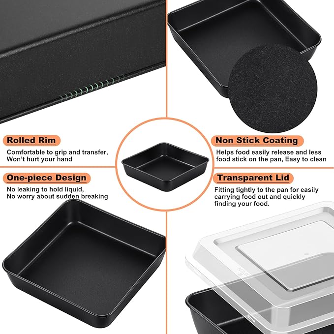 TeamFar 8 Inch Cake Pan, Square Cake Baking Tin & Lid Set, Stainless Steel Core & Nonstick Coating, for Baking Roasting Serving, Healthy & Sturdy, Easy to Release & Clean (2 Pans + 2 Lids)