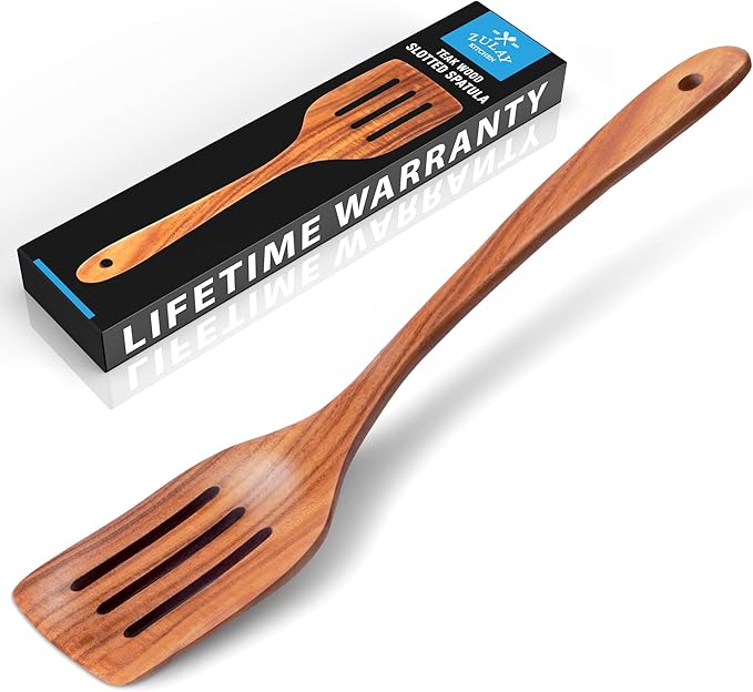 Zulay Kitchen Teak Wood Slotted Spatula – Durable & Heat-Resistant Cooking Utensil for Non-Stick Pans – Wooden Turner for Stirring, Flipping & Serving - Brown