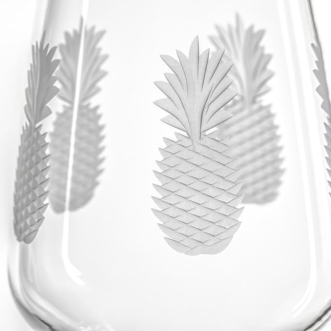 Rolf Glass Fresh Pineapple All Purpose Wine Glass | 19.5oz Stemmed Glass | Lead-Free and Diamond-Wheel Engraved | Tropical Etched Pineapple Design | Coastal Glassware | Set of 4