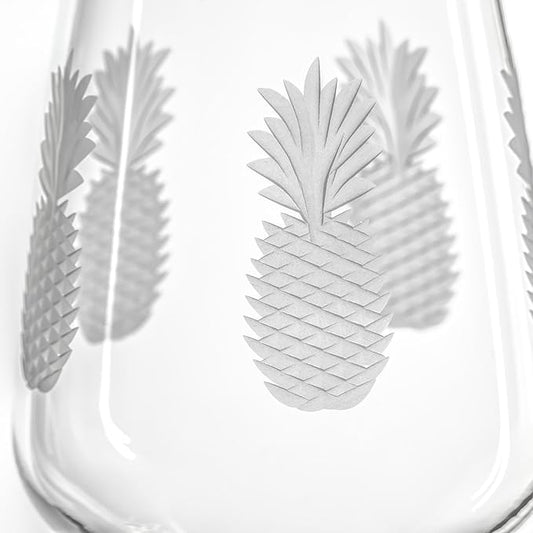 Rolf Glass Fresh Pineapple All Purpose Wine Glass | 19.5oz Stemmed Glass | Lead-Free and Diamond-Wheel Engraved | Tropical Etched Pineapple Design | Coastal Glassware | Set of 4