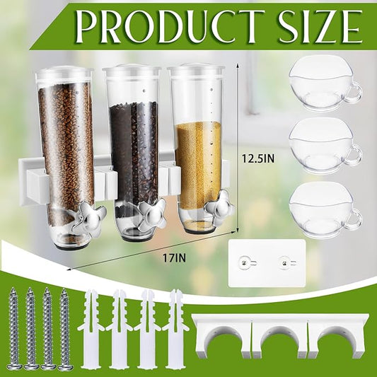 Umigy 1 Pcs Candy Dispenser Wall Mounted, Triple Dry Cereal Grain Dispenser Machine Wall Mount, Food Storage Container for Pantry Snack with 3 Cup for Kitchen, 39 oz (White)
