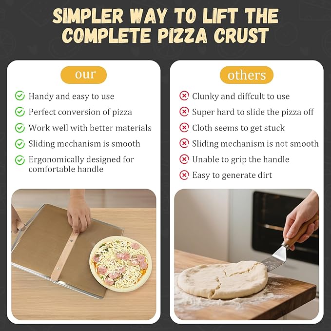 Sliding Pizza Peel, large Pizza Peel Metal Sliding Tray 16” X 13” Making 10-14 Inch, 304 Stainless Steel Metal Premium Pizza Board with Solid Wood Handle, and Pizza Cutter Wheel