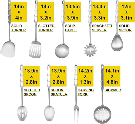 18/10 Stainless Steel Kitchen Utensils Set,9pcs Metal Cooking Utensils Set Cookware for Wok Tools,14 inch Long Heavy Duty Kitchen Tools Set for Chef