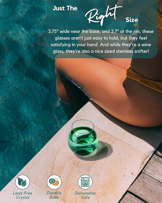 ColoVie Stemless Wine Glasses Set of 6, Large Colored Wine Glasses, Short Wine Glass Set for Red Wine, White, Red, No Stem Margarita Glasses, 15 oz