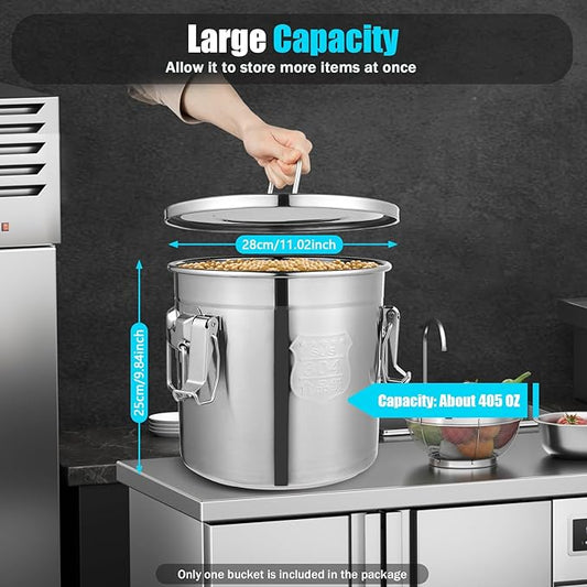 Stainless Steel Airtight Canister for Kitchen, 12L/3.17Gal Metal Food Storage Container Flour Bucket with Lid & Clamps, Bean Rice Cereal Canister Holder for Kitchen Restaurant, D11*H9.85in