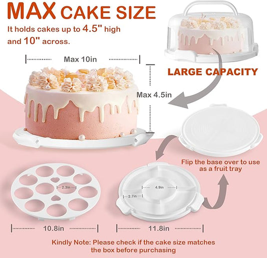 10" Round Cake Carrier Stand with Lid and Handle,Portable Two Sided Cake Holder Serves as 5 Section Fruit Tray,Cupcake Containers for 11 Cupcakes (White)