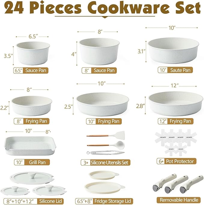SENSARTE 24 Piece Pots and Pans Set, Nonstick Detachable Handle Cookware, Induction Kitchen Cookware Set with Removable Handle, Healthy Non Stick for RV, Dishwasher & Oven Safe (White)