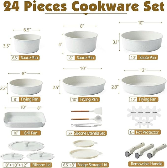 SENSARTE 24 Piece Pots and Pans Set, Nonstick Detachable Handle Cookware, Induction Kitchen Cookware Set with Removable Handle, Healthy Non Stick for RV, Dishwasher & Oven Safe (White)