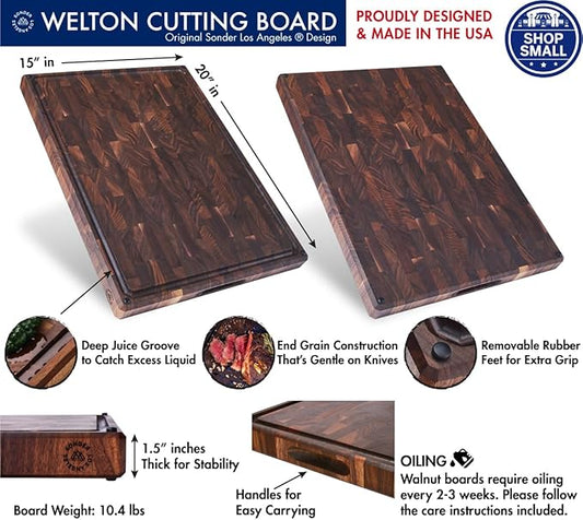 Sonder Los Angeles, Made in USA, Large Thick End Grain Walnut Wood Cutting Board with Non-Slip Feet, Juice Groove for Kitchen 20x15x1.5 in (Gift Box Included)