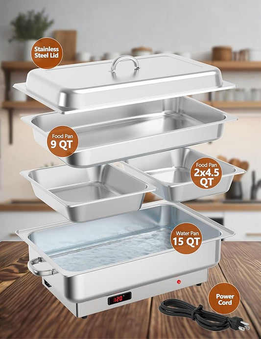 2 PACK Electric Chafing Dish Buffet Set 9QT Buffet Food Servers and Warmers Digital Display Temperature with 1 Full-size Pan & 2 Half-size Pan Stainless Steel for Parties Weddings Caterings