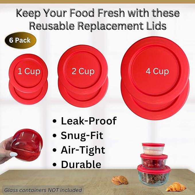 1, 2 & 4 Cup Red Replacement Lids/Covers for Pyrex, Anchor Hocking & KlareWare Storage Bowls *Lids Only Glass Container Not Included* (6 Pack *Two of Each Size*)