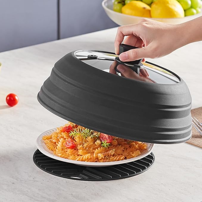 VEVOR Microwave Splatter Cover & Mat, 10.8" Collapsible Microwave Lid for Food, 500°F Heat-Resistant Silicone & Tempered Glass Splatter Guard for Plate Dish, Multi-Purpose Kitchen Gadget with Handle