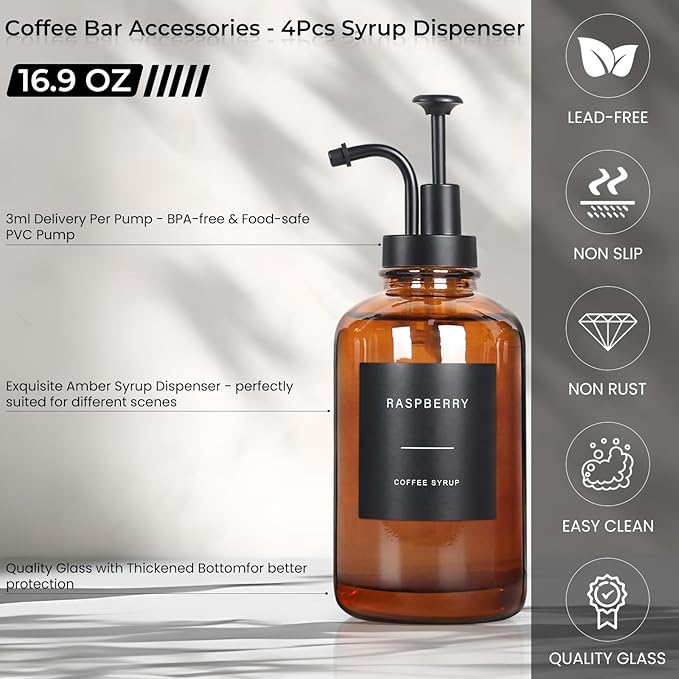 Coffee Syrup Dispenser, Set of 4 Amber Glass Syrup Bottle w. Pump and Labels, 16.9 oz 500ml Glass Syrup Bottle with Pump, Farmhouse Syrup Dispenser for Coffee Bar, Ideal Gift