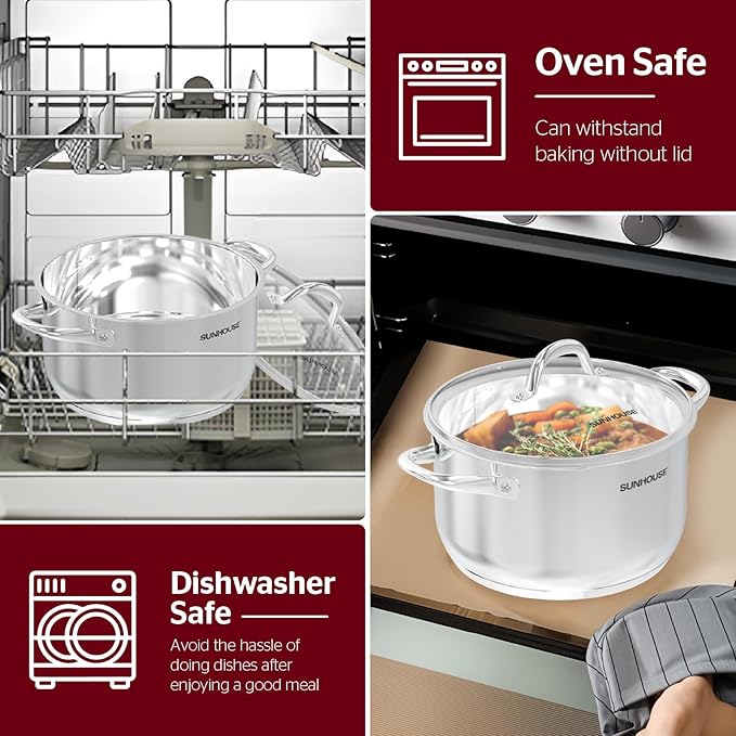 SUNHOUSE 8 Quart Stock Pot with Lid - 3-Ply Bottom Stainless Steel Pasta Cooking Canning Dutch Oven Pot - Induction Compatible for All Stovetops - Dishwasher Safe & Oven Safe