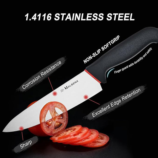 5-Piece Professional Kitchen Knife Set - 8" Chef, 7" Santoku, 5.5" Utility Knives, In-Drawer Knife Storage & Sharpener - 1.4116 German Steel with Non-Slip Softgrip Handle for Home Kitchen