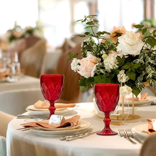 24 Pcs Vintage Wine Glasses, 10 Ounce Colored Glass Water Goblets, Unique Embossed Pattern High Clear Stemmed Glassware Wedding Party Bar Glass Drinking Cups Fancy Wine Glasses Red Set of 24