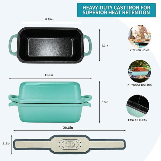 Cast Iron Bread Pan with Lid - 2-in-1 Dual Set, Includes 2 Bread Mats - Bread Baking Pan for Homemade Bread, Cakes, Patties - Even Heating - 2-Piece Set (Lake Blue)