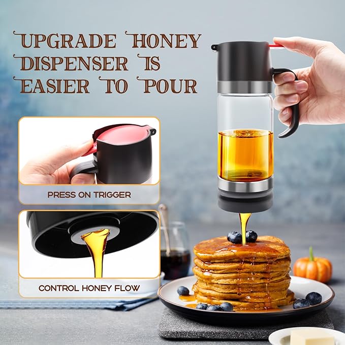 12 OZ Glass Honey Dispenser with Handle,Honey Syrup Dispenser No Drip with Cleaning Brush,Honey Jar for Coffee or Tea,Black