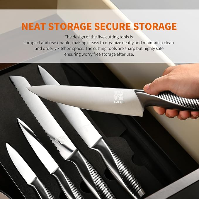 5-Piece Professional Chef Knife Set - Ultra-Sharp Kitchen Knives with Ergonomic steel handle, Ideal for Home, Outdoor, Camping, BBQ, and Gifts for Men