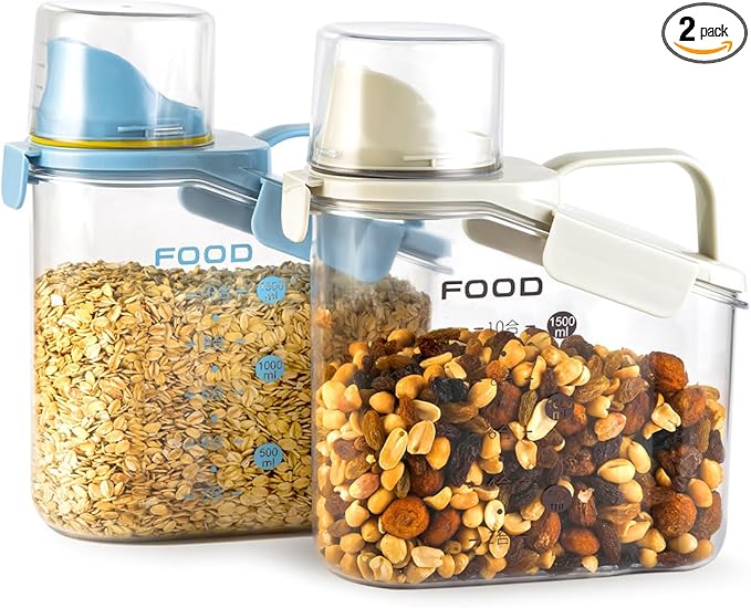 2 PCS Cereal Storage Containers, 1.5L/51oz Dry Food Rice Holder, Pet Dog Cat Food Dispenser with Measuring Cup, BPA Free Clear Plastic Kitchen Pantry Organization Bin, 1 Blue+1 White