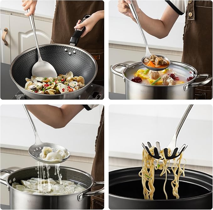 Cooking Utensils set, 18/8 Stainless Steel Kitchen Utensils set, 7 Pieces Cookware Set with Rotating Holder, Heat Resistant Stainless Steel Cooking Spoon(Dishwasher Safe)