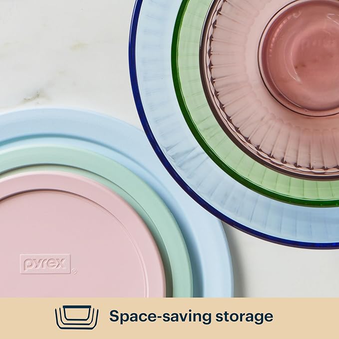 Pyrex Colors Tinted (3-Pack, Full Set) Sculpted Tinted Glass Mixing Bowls With Lids, Nesting Space Saving Set of Bowls For Prepping and Baking, 1.3QT, 2.3QT & 4.5Q, Blue