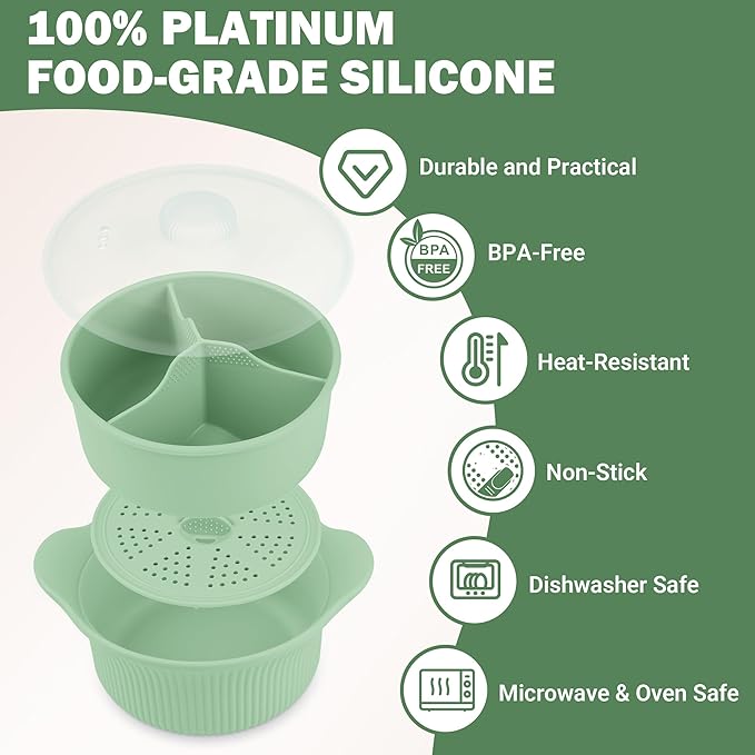 Silicone Microwave Steamer - Microwave Pot Steamer Basket Bowl for Baby Food, Vegetables & Dumplings, Compact & Lightweight Design, Oven & Dishwasher Safe (Green, L 42oz(1250ml))