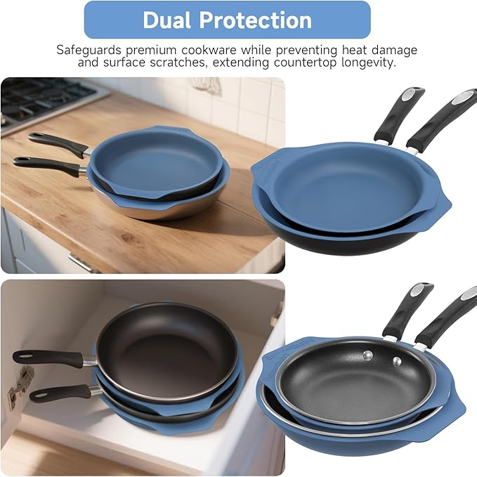 Silicone Pan Protectors & Separators for Stacking (10 & 12 Inch) - Non-Toxic, Heat-Resistant Pads | Dishwasher Safe, Durable Cookware Protector (Blue, Mixed)