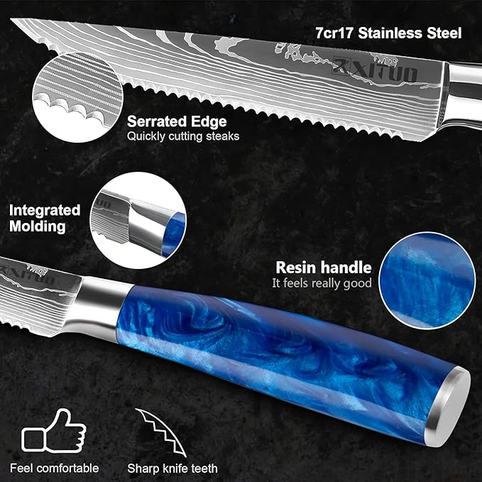 Serrated Steak Knife Set - 6pcs Premium 4.5 inch Kitchen Cutting Steak Knives, German Stainless Steel KnifeTable Dinner Knife with Blue Resin Handle for Home Restaurant, Gift Box
