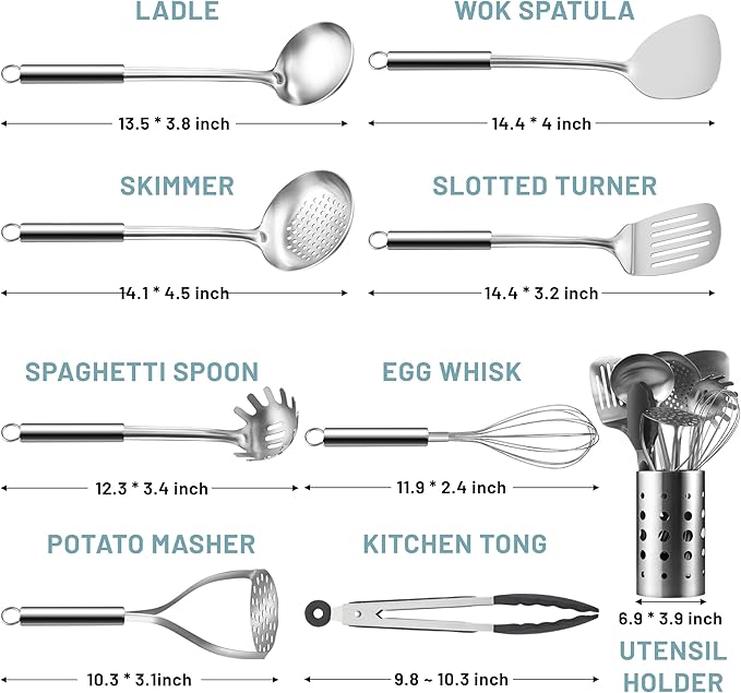 Pleafind Stainless Steel Cooking Utensils Set, 9 Pcs Heat Resistant Kitchen Utensils Set, Nonstick Kitchen Tools Set With Utensil Holder, Metal Spatula Set for Chef, Dishwasher Safe
